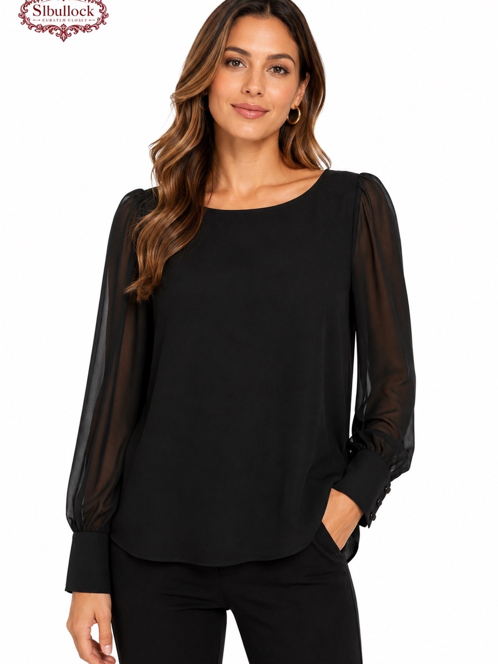 W6 White House Black Market Large Black Sheer Sleeve Button Cuff Blouse